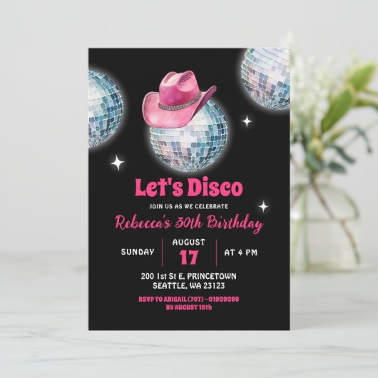 ホットピンクレッツパーティーディスコボール女性のカーボーイ誕生日 招待状 (スタンド正面)