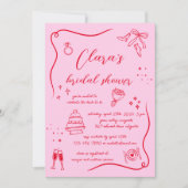 ホットピンクレッドハンドドローおもしろいドードルブライダルシャワー 招待状 (正面)