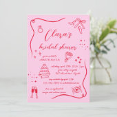 ホットピンクレッドハンドドローおもしろいドードルブライダルシャワー 招待状 (スタンド正面)