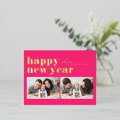 ホットピンクレトロタイポグラフィハッピーニューイヤー2枚 箔シーズンポストカード (立ち正面)