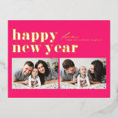 ホットピンクレトロタイポグラフィハッピーニューイヤー2枚 箔シーズンポストカード (正面)