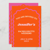 ホットピンクレトロフォントウェーブアーチバチェロレッテ週末 招待状 (正面/裏面)