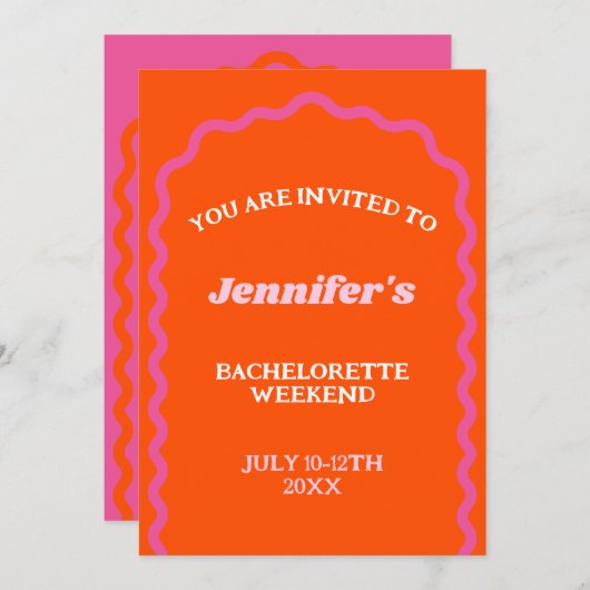 ホットピンクレトロフォントウェーブアーチバチェロレッテ週末 招待状 (正面/裏面)