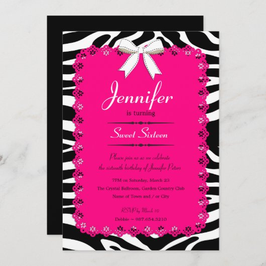 ホットピンクレースとBWゼブラストライプ甘い16 5x7 招待状 (正面/裏面)
