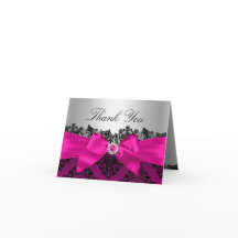 ホットピンクレースダマスク&ボウサンキューカード