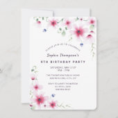 ホットピンクワイルドフラワーシンプルズガーリーバースデーパーティー 招待状 (正面)
