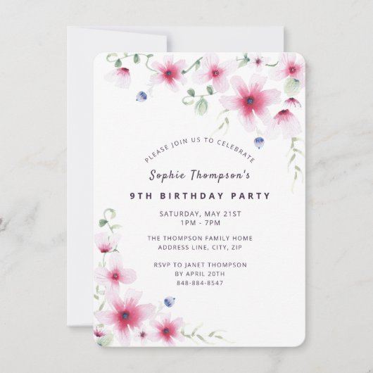 ホットピンクワイルドフラワーシンプルズガーリーバースデーパーティー 招待状 (正面)