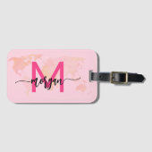 ホットピンクワールドトラベラーマップモノグラム名 ラゲッジタグ (正面横)