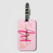 ホットピンクワールドトラベラーマップモノグラム名 ラゲッジタグ (正面縦)