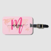 ホットピンクワールドトラベラーマップモノグラム名 ラゲッジタグ (正面横)