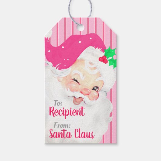 ホットピンクヴィンテージウィンキングサンタクリスマスギフトタグ ギフトタグ (正面)