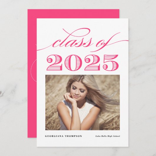 ホットピンクヴィンテージクラス2025写真卒業 案内状 (正面/裏面)