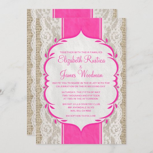ホットピンクヴィンテージリネンバーラップ結婚式招待状 招待状 (正面/裏面)
