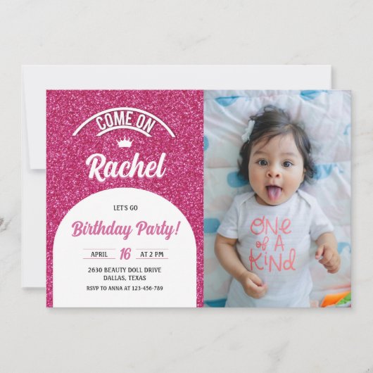 ホットピンク人形フォト招待状、ファッション人形パーティー 招待状 (正面)