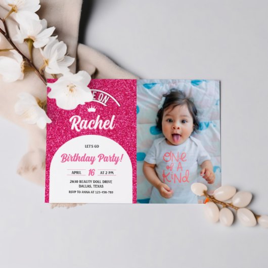 ホットピンク人形フォト招待状、ファッション人形パーティー 招待状