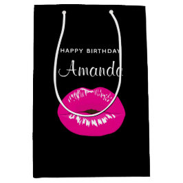 ホットピンク光沢のある唇オンブラック誕生日 ミディアムペーパーバッグ
