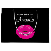 ホットピンク光沢のある唇オンブラック誕生日 ラージペーパーバッグ (正面)