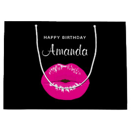 ホットピンク光沢のある唇オンブラック誕生日 ラージペーパーバッグ