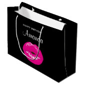 ホットピンク光沢のある唇オンブラック誕生日 ラージペーパーバッグ (正面アングル)