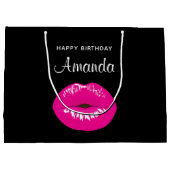 ホットピンク光沢のある唇オンブラック誕生日 ラージペーパーバッグ (裏面)