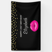 ホットピンク光沢のある唇オンブラック誕生日 横断幕 (縦)