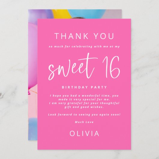 ホットピンク写真甘い16誕生日パーティーありがとう カード (正面/裏面)