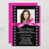 ホットピンク写真甘い16誕生日パーティー 招待状 (正面/裏面)