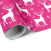 ホットピンク冬トナカイ&スノーフレークのクリスマス ラッピングペーパー (ロールコーナー)