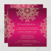 ホットピンク及び金ゴールドインディアンインスパイア誕生日 招待状 (正面/裏面)