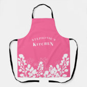 ホットピンク名前をカスタムするホワイトフローラエプロン エプロン (正面)