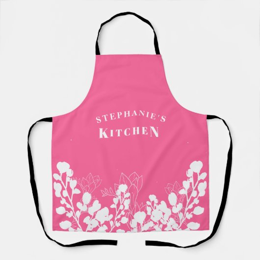 ホットピンク名前をカスタムするホワイトフローラエプロン エプロン (正面)