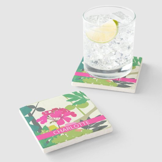 ホットピンク咲きゲラニウムフローリスト名前をカスタムする ストーンコースター (横)