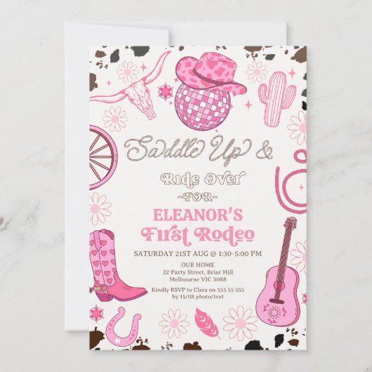 ホットピンク女性のカーボーイディスコボールファーストロデオ誕生日 招待状 (正面)