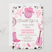 ホットピンク女性のカーボーイディスコボール2ndロデオ誕生日 招待状 (正面)