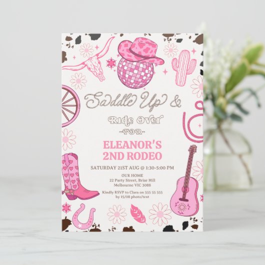 ホットピンク女性のカーボーイディスコボール2ndロデオ誕生日 招待状 (スタンド正面)