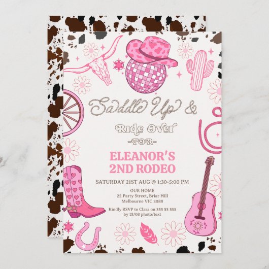 ホットピンク女性のカーボーイディスコボール2ndロデオ誕生日 招待状 (正面/裏面)
