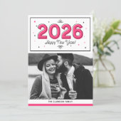 ホットピンク幾何タイポグラフィ写真新年おめでとう シーズンカード (スタンド正面)