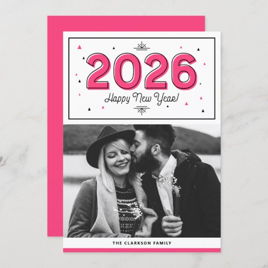 ホットピンク幾何タイポグラフィ写真新年おめでとう シーズンカード (正面/裏面)