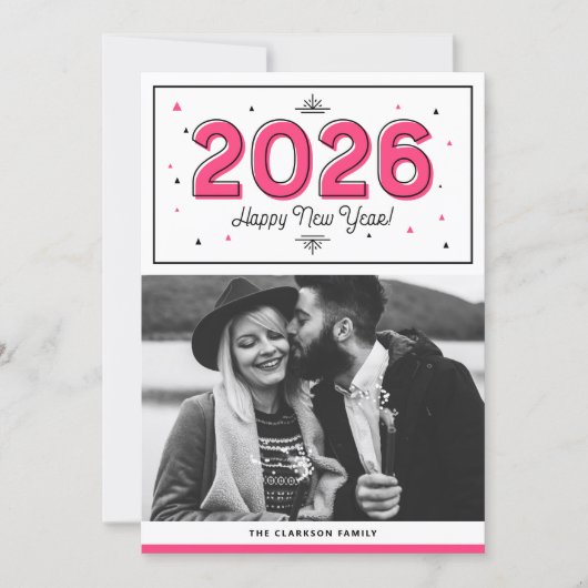 ホットピンク幾何タイポグラフィ写真新年おめでとう シーズンカード (正面)