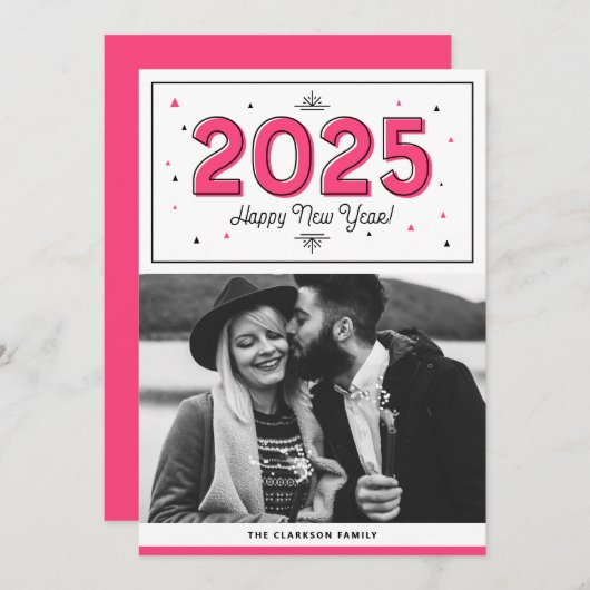 ホットピンク幾何タイポグラフィ写真新年おめでとう シーズンカード (正面/裏面)