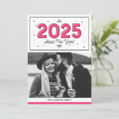 ホットピンク幾何タイポグラフィ写真新年おめでとう シーズンカード (スタンド正面)