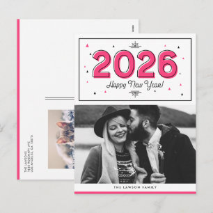 ホットピンク幾何タイポグラフィ写真新年おめでとう シーズンポストカード