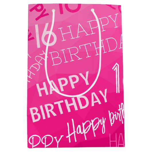 ホットピンク幾何メッシュパターン誕生日任意の年齢 ミディアムペーパーバッグ (正面)