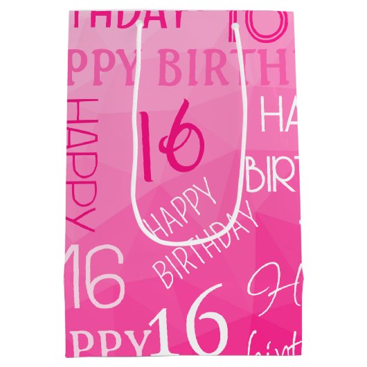 ホットピンク幾何メッシュパターン誕生日任意の年齢 ミディアムペーパーバッグ (裏面)