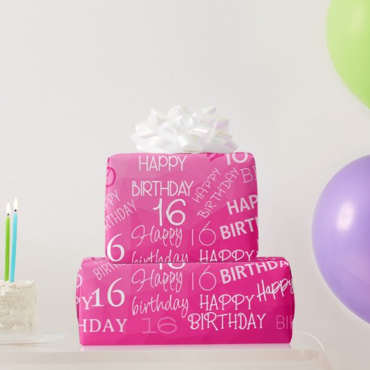 ホットピンク幾何メッシュパターン誕生日任意の年齢 ラッピングペーパー (パーティーギフト)