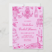 ホットピンク手描きお洒落ブライダルシャワー 招待状 (正面)