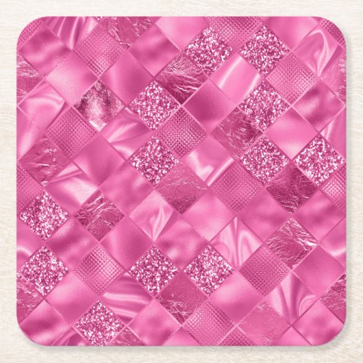 ホットピンク数々のテクスチャー正方形の織りパターン スクエアペーパーコースター (正面)