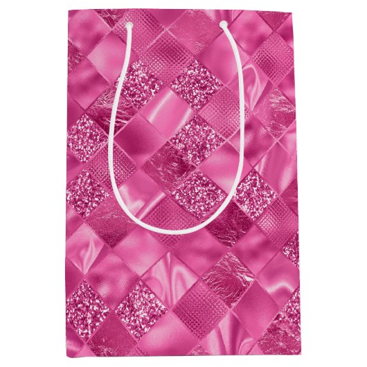 ホットピンク数々のテクスチャー正方形の織りパターン ミディアムペーパーバッグ (正面)