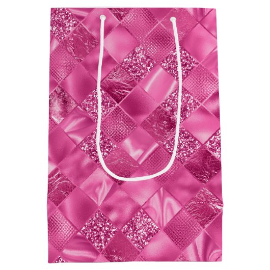 ホットピンク数々のテクスチャー正方形の織りパターン ミディアムペーパーバッグ (裏面)