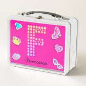 ホットピンク文字Fモノグラムガーリー新学期 メタルランチボックス (正面)